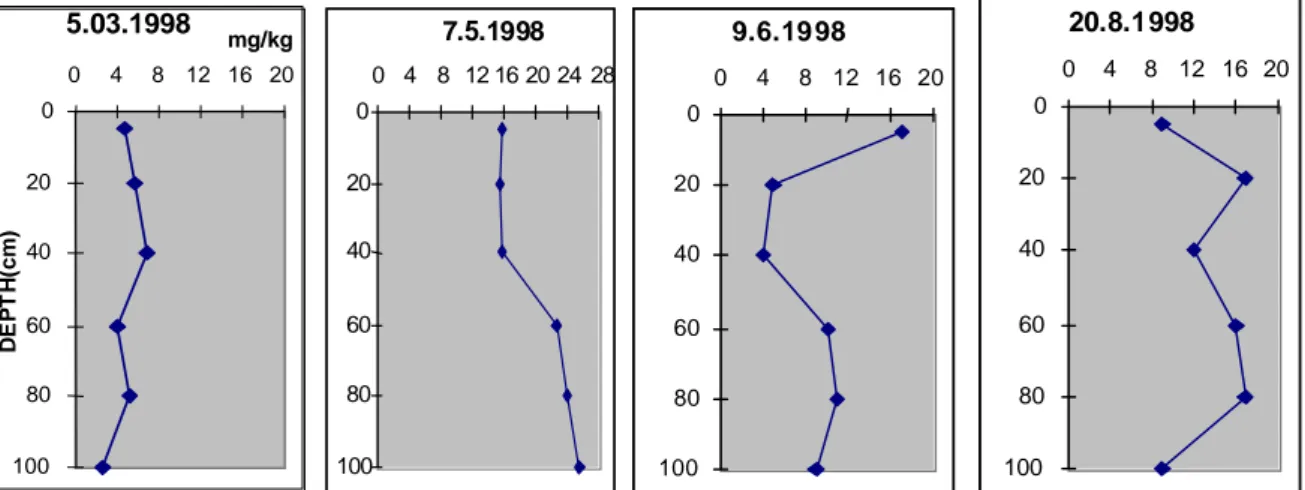 Figure 42: Some profiles of evolution of N-NO 3  in mg/kg soil for 200 kg/ha of nitrogen supply,  Bojurishte 1998 