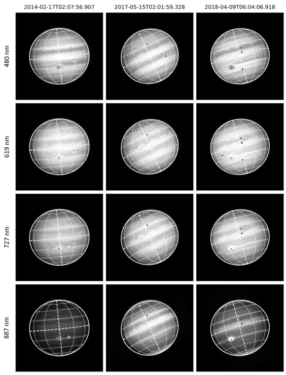 Figure 1: An image of each of the three MUSE observations of Jupiter at four sample wavelengths: 480 nm (sensitive to variations in chromophore), 619 nm (sensitive to variations in the deepest visible cloud layers, around 1-2 bars), 727 nm (sensitive to va