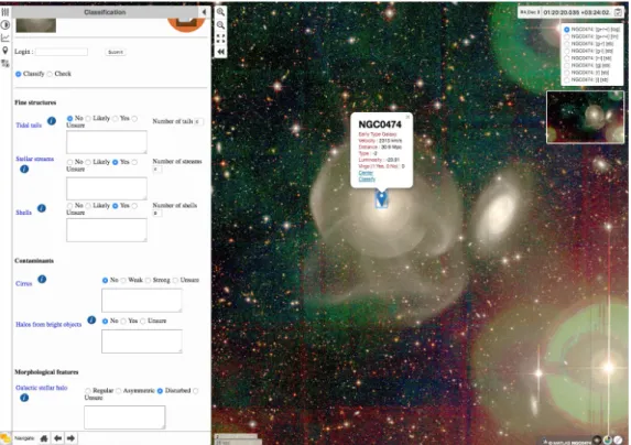 Figure 1. Web interface, navigation tool and questionnaire used for the exploration of the MATLAS images and classification of the detected structures.