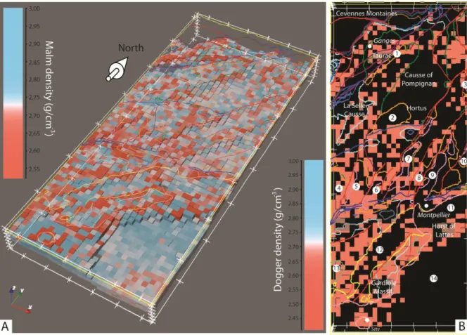 Figure 1 : A) Perspective display of the 3D distribution of calculated densities for the Jurassic formations (Malm and  Dogger)