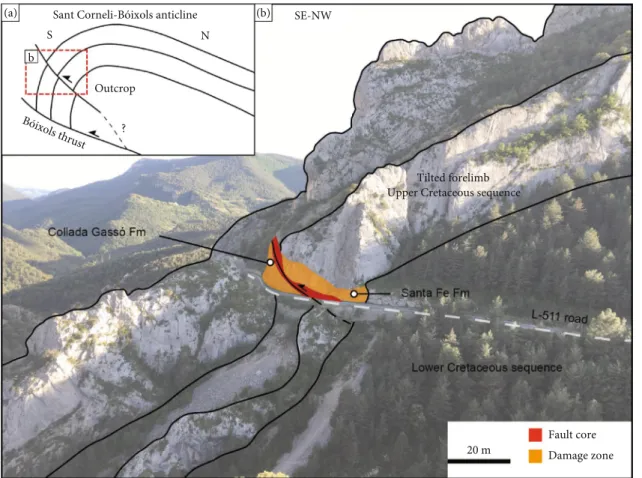 Figure 3: (a) Sketch and (b) panoramic view of the studied thrust o ﬀ setting the southern limb of the Sant Corneli-Bóixols anticline.