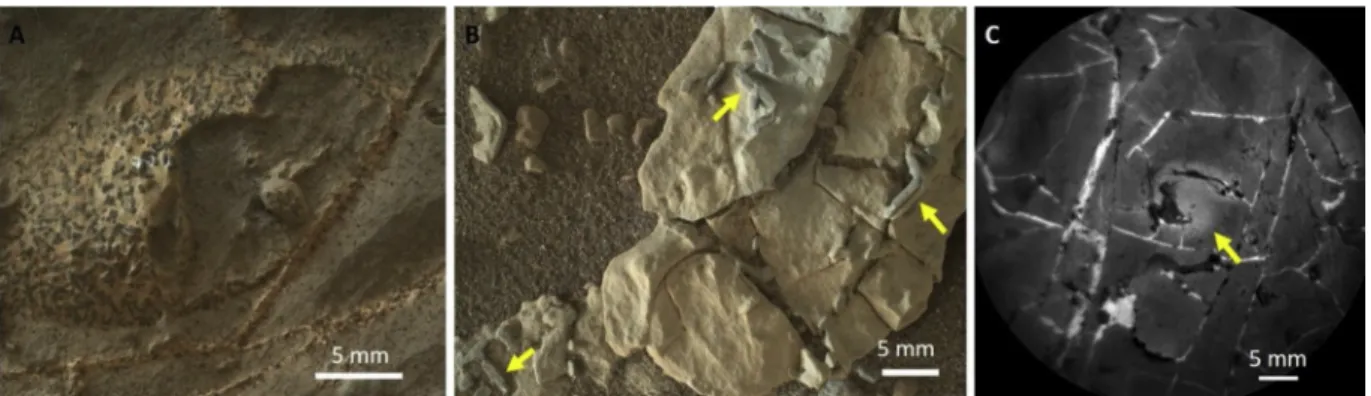 Fig. 23. Evidence for Fe mobilization in the Jura member of the Vera Rubin Ridge. A) MAHLI image of subhedral to euhedral Fe-rich crystals within a Ca-sulfate matrix (sol 2217, mhli00732)