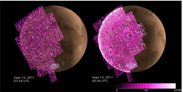 Figure 1 shows Mars nightside images taken at the start and at the peak of the space weather event, with brightness corresponding to the ﬁ tted spectrum of Cameron band emission as previously observed in Mars aurora