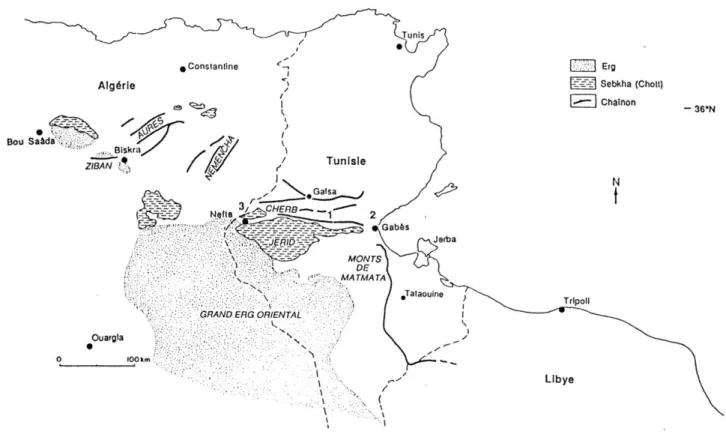 Fig.  1  -  CARTE DE LOCALISATION. 1:  Bir  Oum  Ali,  2:  Oued el  Akarit,  3:  Erg  el  Oussif