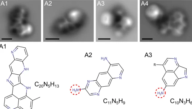 Figure 1. High-resolution AFM images and assigned structures of tholins from the common fraction