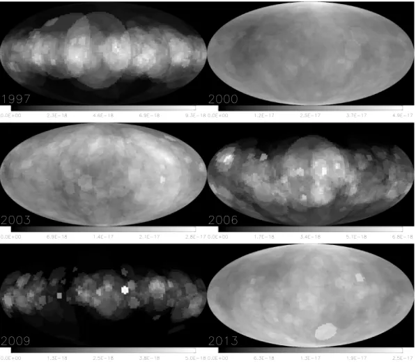 Figure 4. Synoptic maps of the heliospheric proton mass ﬂux of CMEs at 1 AU for 6 years using the Mollweide projection