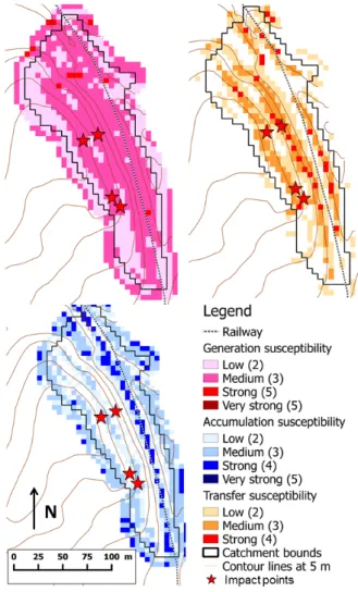 Figure 3 shows the three IRIP maps produced on the  catchment. The IRIP map of generation susceptibility  shows medium levels (3/5) over the entire area