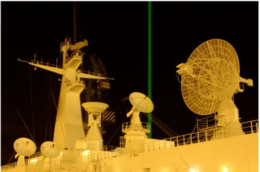 Figure 1. Triple laser beam seen exiting the deck of the Advanced Test Range Ship Monge.