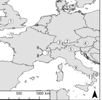 Figure 1. Locations of the monitoring sites from which data are presented: (1) River Arrow, UK; (2) River Thalhofen, Germany;