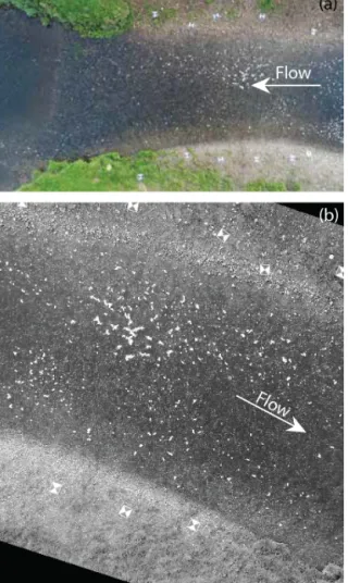 Figure 2. (a) Footage acquired by the Phantom 4 UAS over the River Arrow and (b) following orthorectification and greyscale  con-version