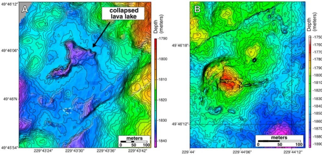 Figure 6. Detailed bathymetric maps over (A) a collapsed lava lake and (B) a lava channel