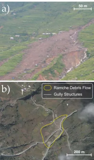 Figure 3. (a) Photograph of the Ramche Debris Flow (RDF) taken a few days after the event showing its deposition zone in the Ramche village