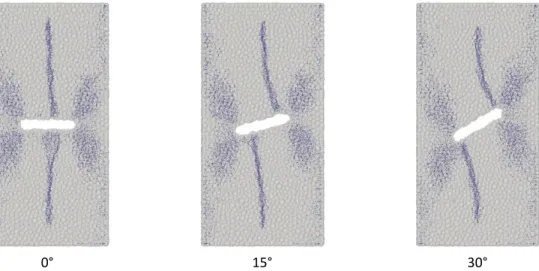 Figure 5 – Open crack propagation patterns for different flaw inclinations. Captured for σ = 21±1 MPa  (peak strength is 30±1 MPa) 