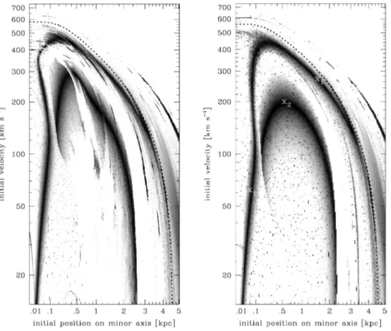 Figure 1. Left-hand panel: width of the ring enclosing maps of trajectories in the Reference Model, plotted in grey-scale as a function of the particle’s initial position on the minor axis of the aligned bars, and of the value of its initial velocity, perp