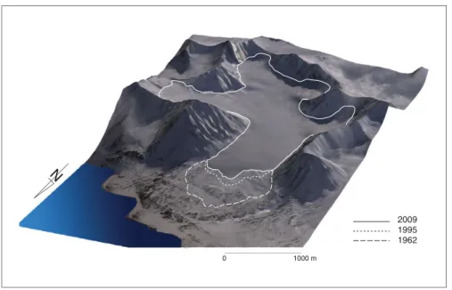 Fig. 1. 3D view of the Austre Lovénbreen DEM mapped with a satellite image. The dashed line is the 1962 glacier front limit, the dotted line is the 1995 glacier front limit, and the solid line is the current (2009) glacier front limit, at an altitude 100 m