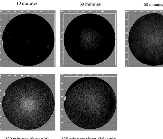 Figure 4. Images of the wafer at different treatment duration under plasma (P = 30 W, He-O 2 : 80–20  mL/min)
