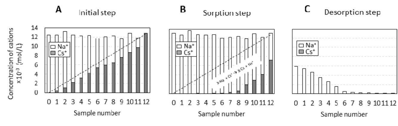 Figure  2  Example  of  the  aqueous  cation  concentrations  used  in  the  different  steps  of  the  exchange experiment: (A) initial step, (B) sorption step and (C) desorption step