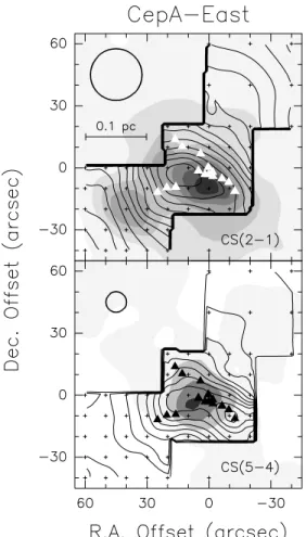 Figure 1. Contour maps of the integrated CS J = 2–1 (upper panel) and J = 5–4 (lower panel) integrated emission towards CepA-East