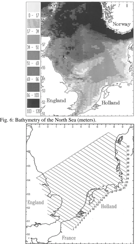 Fig. 6: Bathymetry of the North Sea (meters).