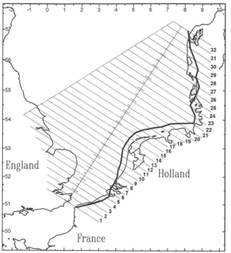 Fig. 11: Coastline of the the southern North Sea superimposed onto average distribution of radioactivity.