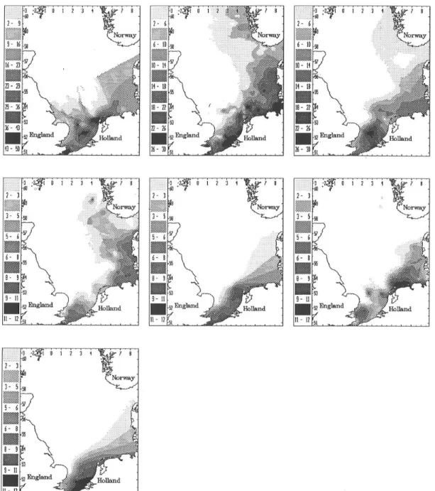 Fig. 1: Evolution of 125 Sb levels in the North Sea from 1987 to 1992 in Bq/m 3 (a: 07/87; b: