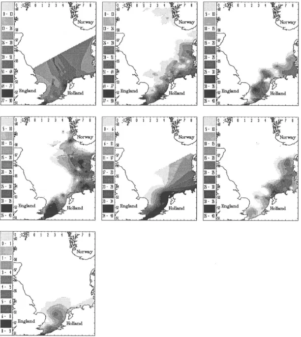 Fig. 2: Evolution of 106 Ru levels in the North Sea from 1987 to 1992 in Bq/m 3 (a: 07/87; b: