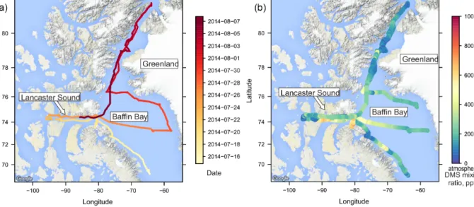 Figure 1. (a) The Amundsen ship position with dates indicated by colours. (b) Surface-layer atmospheric dimethyl sulfide (DMS) mix- mix-ing ratios from ship-based high-resolution time-of-flight chemical ionization mass spectrometer (HR-ToF-CIMS) measuremen