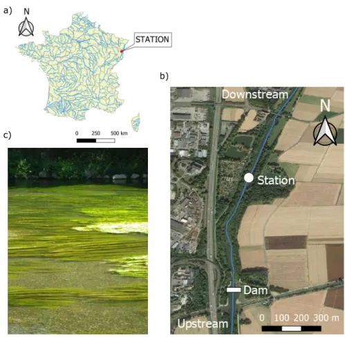 Figure 3: The Ill River at Ladhof hydrometric station: a) its location in France, b) aerial view of its surrounding environment and c) the type of aquatic vegetation (Ranunculus) present in the main channel.