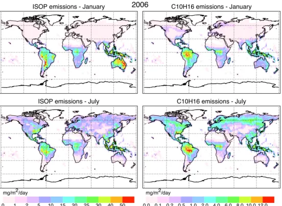 Fig. 1. Emissions of isoprene and monoterpenes for January and July 2006, from online calculation by MEGAN in MOZART-4.