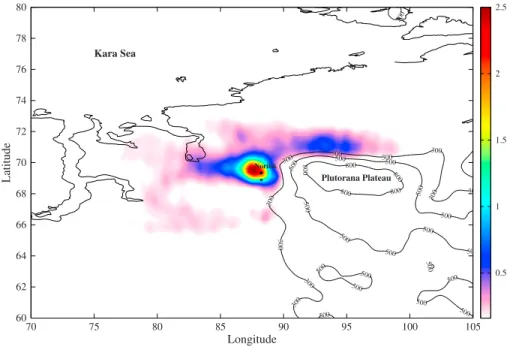 Figure 2. Distribution of the average retrieved 0–2 km SO 2 columns over the Norilsk region for February 2009, expressed in Dobson units