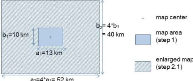 Figure  2.  Dimensions of  map areas: the  map area (Steps 1, 4  and 5) and the en- en-larged  area  (Steps 2  and  3)  for  a  map  whose  format  is:  normal  (i.e
