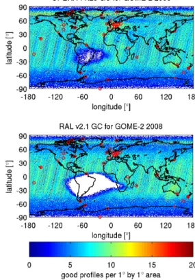 Figure 1. Spatial distribution of “good” (not screened) GOME-2 profiles (2008 only) in the OPERA v1.26 and RAL v2.1 global  cov-erage (GC) data sets