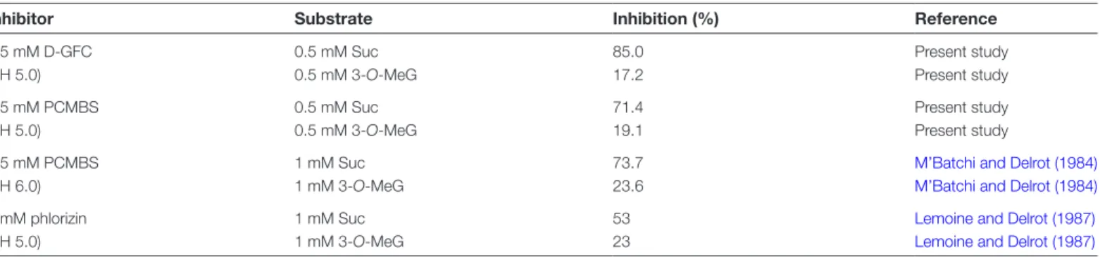 Table 2.  Effect of D-GFC, PCMBS and phlorizin on the uptake of Suc and 3-O-MeG by broad bean leaf discs