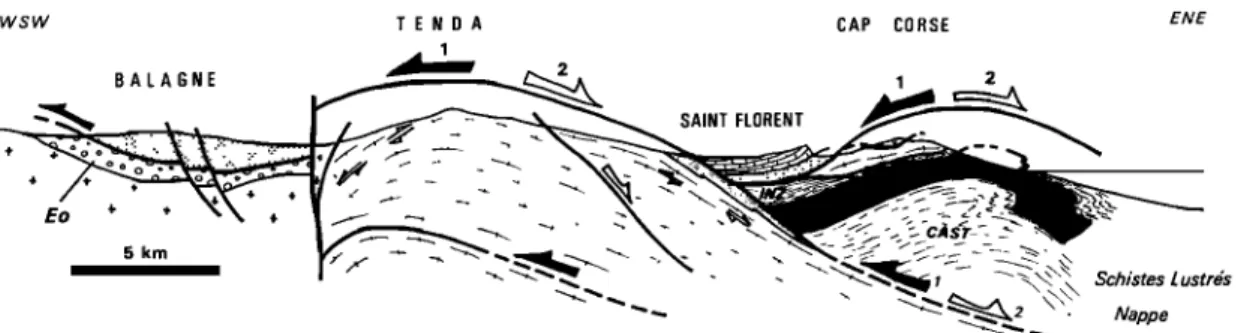 Fig. 2. Synthetic  E-W cross  s•tion  of the Cap Corse in the Basda •ea  [after JolNet et  al., 19•]  (see l•ation  of the cross  section  in Figure 1)