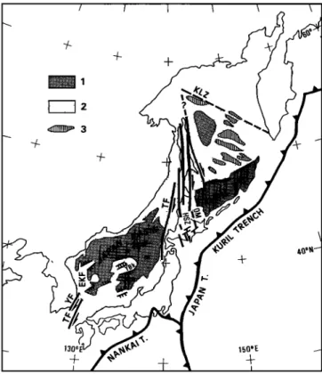 Fig.  1. Simplified structural  map of the Japan Sea and Okhotsk  Sea area. Key shows (1)  oceanic crust, (2)  thinned continental  crust, (3)  outcrops of  basement in  the  Okhotsk Sea