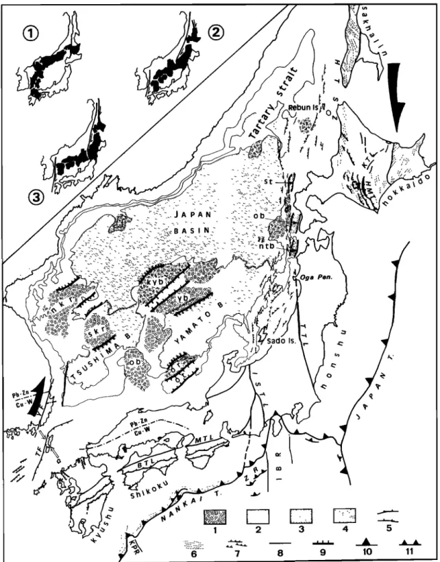 Fig. 2. Tectonic  map of the Japan  Sea (insert:  three  different  models  of opening,  (l)  Otofuji  et al