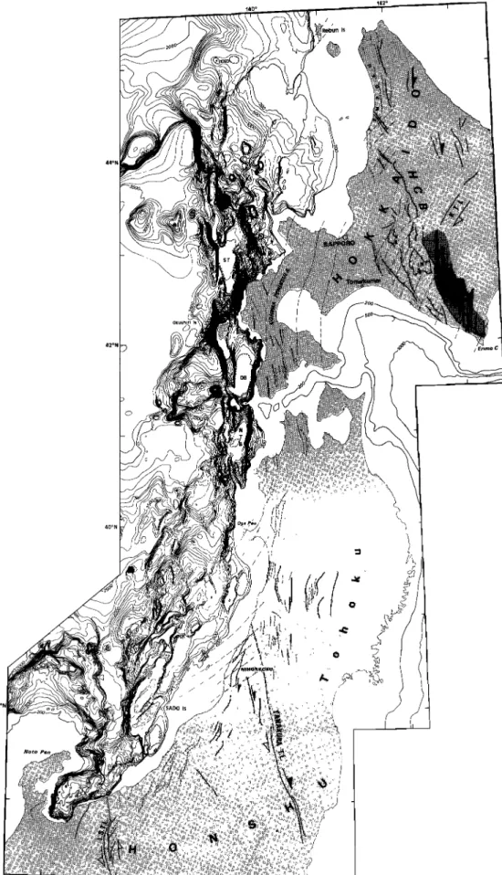 Fig. 3. Bathymetric  map of the eastern  margin  of the Japan  Sea after [Maritime  Safety  Agency  of Japan,  1980a,  b) and the main onland  tertiary  structures  [after  Jolivet  and Huchon,  1989; Yamaft, 1989]
