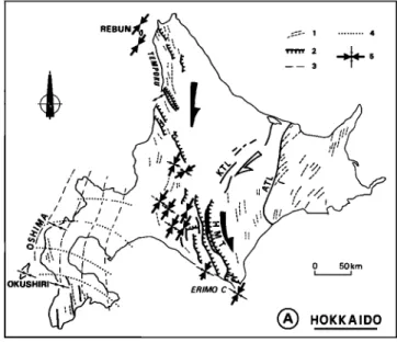 Fig. 4. Directions of the main horizontal stresses  deduced  from  fault  sets analysis in  Hokkaido and Sado