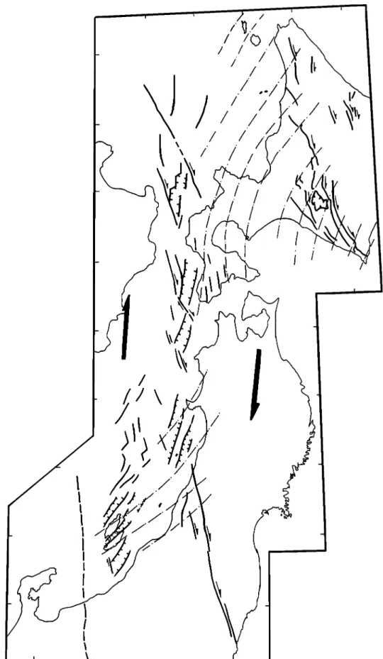 Fig. 5. Tectonic  interpretation  of Figure 3. Dashed  curves,  direction  of Oilmax; small arrows;  motion on  individual faults; large arrows,  resultant  motion on the major shear  zone