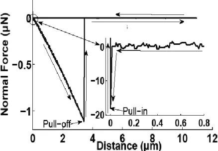 Fig. 2. Attractive and adhesive typical force-distance curves between substrate and cantilever  (spring constant: 0.3 N/m)