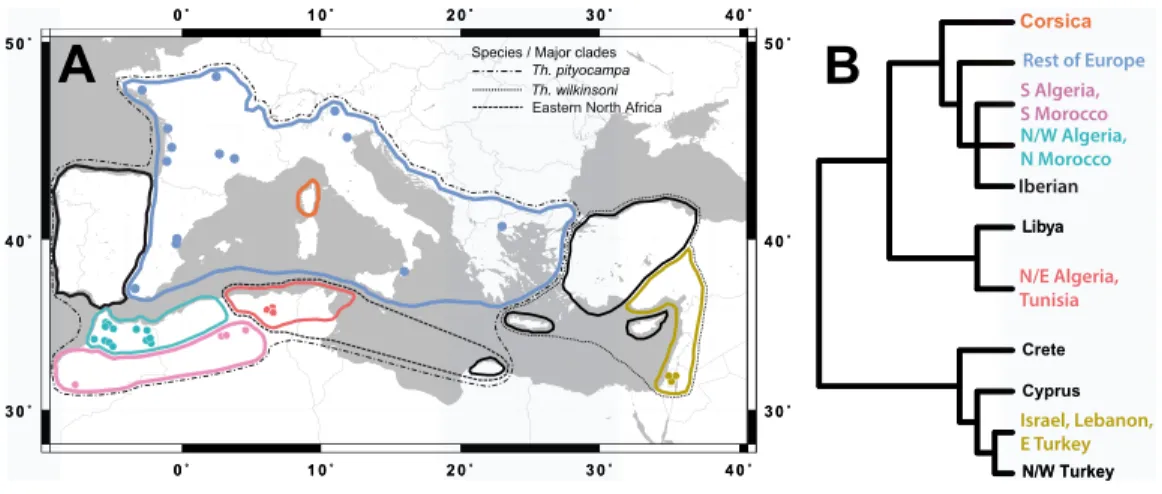 Figure 1 Location of the study sites in relation to the distribution of the pine processionary moth