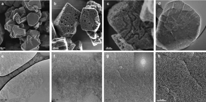 Fig.  8. Electron  microscopy  images  of  C-USY.  SEM  (a,  b,  c)  and  TEM (d) images  show the  same morphological and  textural  features  as  the  zeolite  template  Z-USY