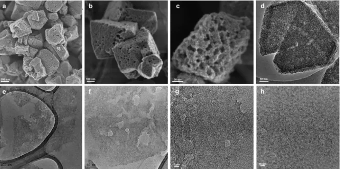 Fig.  9. Electron  microscopy  images  of  C-USY  ST .  The  SEM  images  (a,  b,  c)  present  the  morphology of  the  template  zeolite