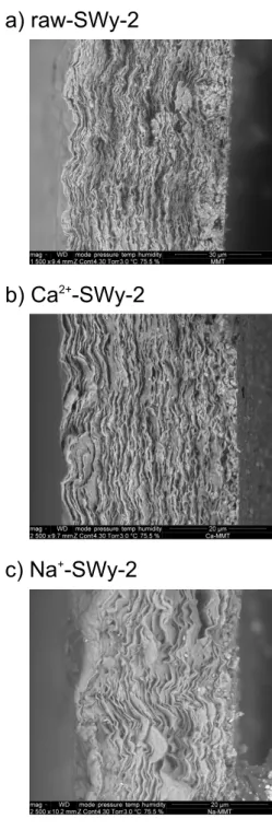 Figure 1: SEM pictures of the edge of the manufactured clay films, at a relative humidity of 75.5 %: a) raw-SWy-2, b) Ca 2+ -SWy-2, and c) Na + -SWy-2