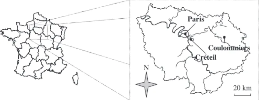 Fig. 1. Location of the three sampling stations established in the b Ile-de-France Q region.