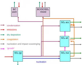 Figure 1. Schematic picture of processes included in the aerosol model (after Wilson et al.,  2001).