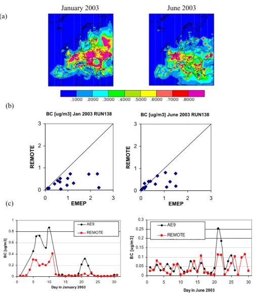 Fig. 6. BC: (a) REMOTE modeled total BC concentration in µg/m 3 in surface air during January and June 2003