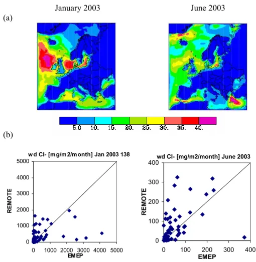 Fig. 3. Sea salt: (a) REMOTE modeled sum of near surface coarse and accumulation mode sea salt in µg/m 3 during January and June 2003.