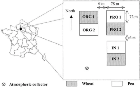 Figure 1. Place of wheat and pea following each cultivation systems: productive (PRO), integrated (IN) and organic (ORG) of the experimental site of Versailles (France).