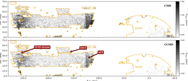 Figure 2. Matched-filter map for a distance of 8 kpc (the distance of M92). The upper panel show the MF conduct using a CMD based filter and the lower panel show the same map using this time a CCMD based filter